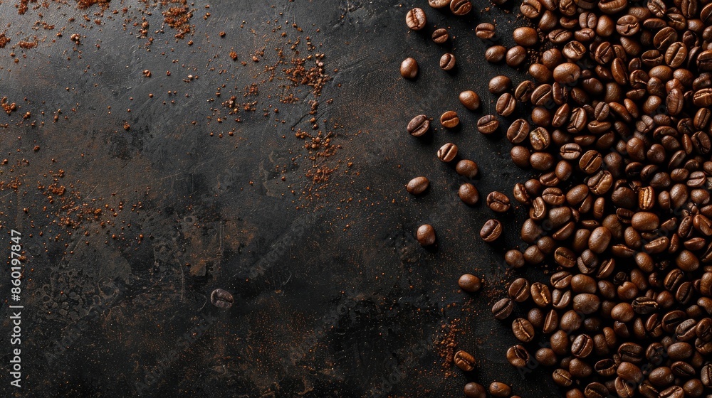 Coffee beans spread out top view space for text Coffee beans spread out top view space for text