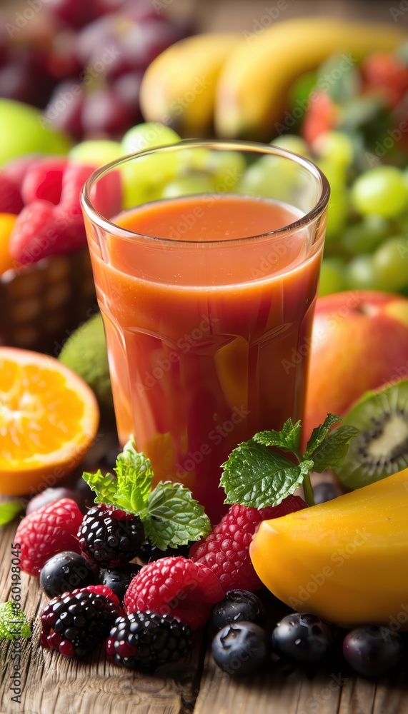 A refreshing glass of fruit juice surrounded by fresh fruits like oranges, bananas, berries, and grapes on a wooden table. A refreshing glass of fruit juice surrounded by fresh fruits like oranges, bananas, berries, and grapes on a wooden table.