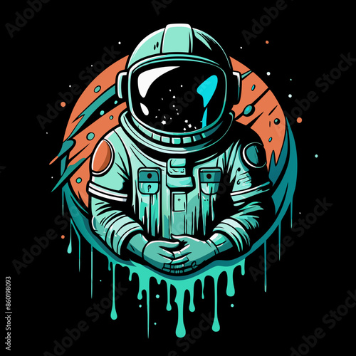 t-shirt art design astronaut, dripping effected, corroded art cracked, grunge on peeling wall worn paint, ink dripping drawing on flat black background