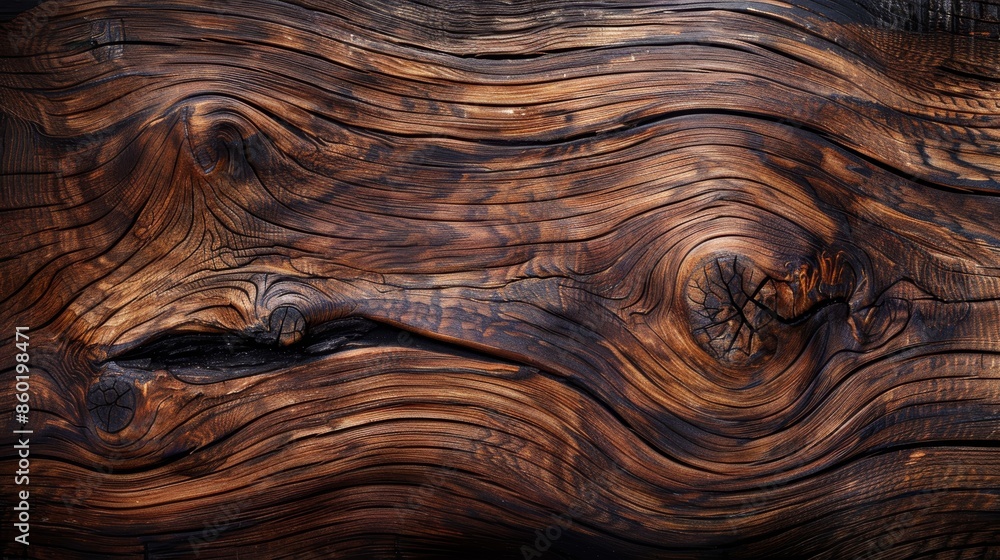 Close-up of weathered, rich brown wood grain with swirling patterns and knots. Natural texture background. Close-up of weathered, rich brown wood grain with swirling patterns and knots. Natural texture background.