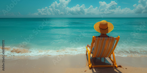 Relaxing Beach Scene with Woman on Striped Chair  © Creative Valley