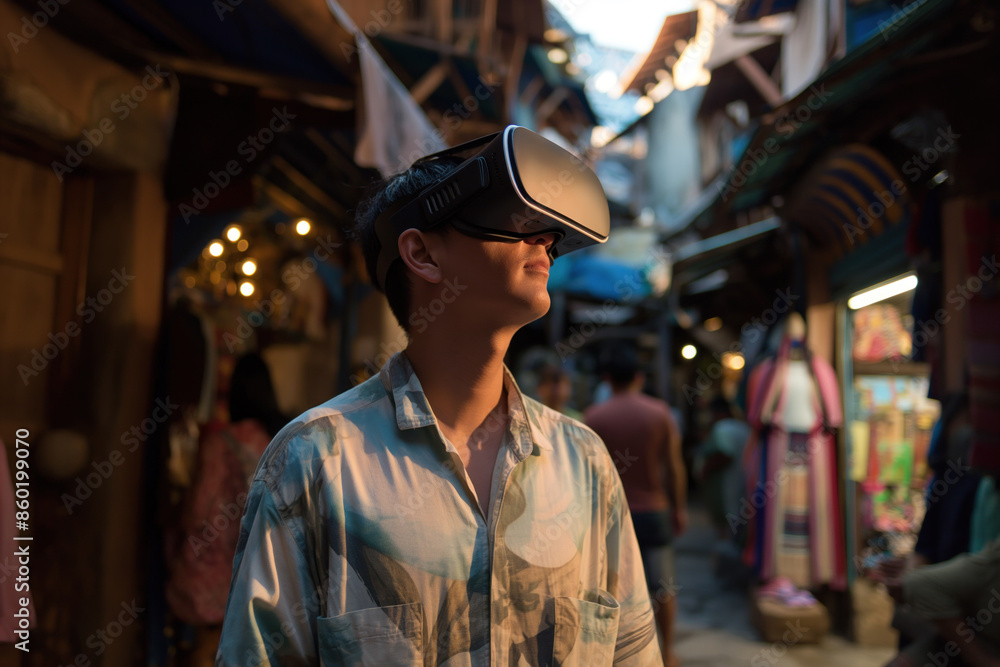 Man Exploring Market with Virtual Reality Headset in Urban Setting Man Exploring Market with Virtual Reality Headset in Urban Setting