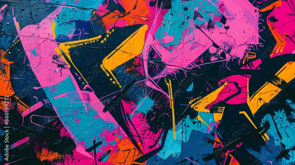 Fototapeta premium Abstract Graffiti Art with Vibrant Colors of Pink, Blue, and Orange on Black Background