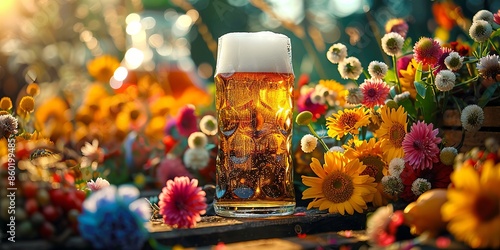 Refreshing Beer Among Vibrant Wildflowers in Sunlit Garden photo