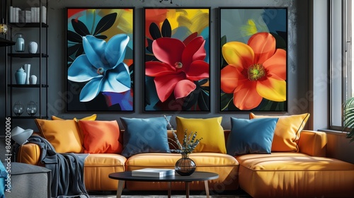 Wallpaper Mural A vibrant abstract floral triptych in blue, red, and yellow hues, displayed above a modern sofa. Torontodigital.ca