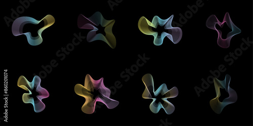 Collection of futuristic cyber punk style element vector. Colorful lines shape vector element isolated on black background