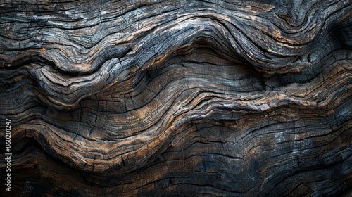 Close-up of Wavy, Weathered Wood Grain with a Dark and Natural Texture photo