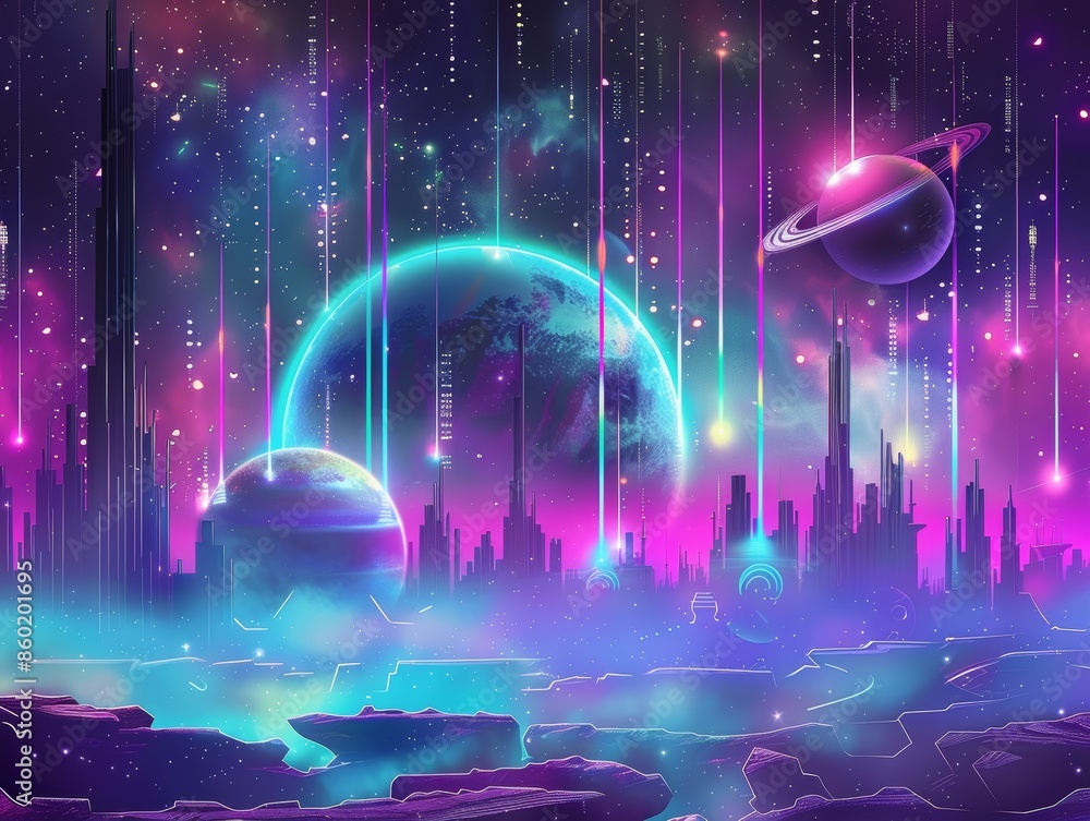 Obraz premium Futuristic Cityscape with Planets, Stars, and Neon Lights