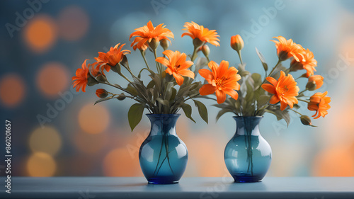 orange flowers in a glass vase with blue bokeh background and copy space