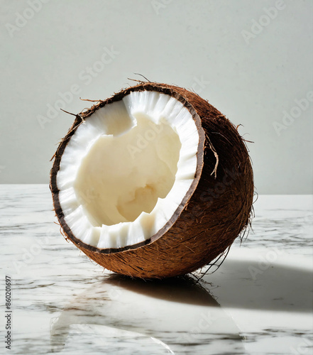 An intact circular coconut with a milky background 