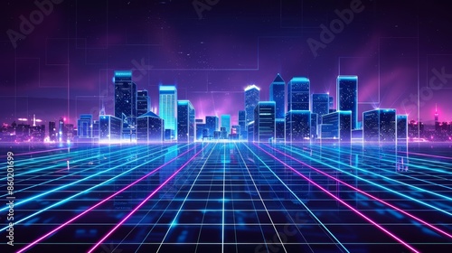 Futuristic Cityscape with Neon Lights and a Grid Pattern, 80s Retro Synthwave Aesthetic