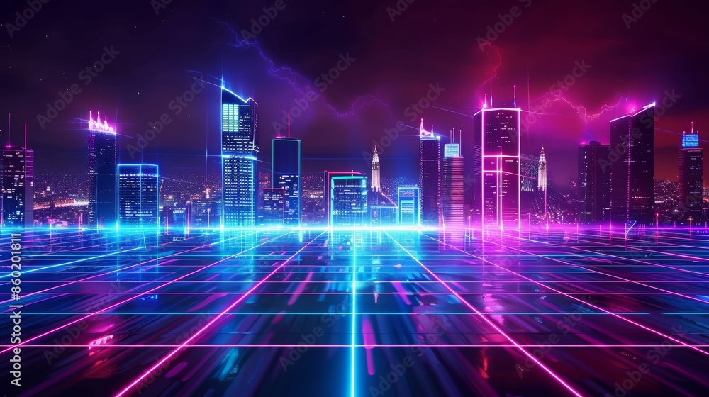Futuristic Neon Cityscape with Glowing Lines and a Gridded Surface Futuristic Neon Cityscape with Glowing Lines and a Gridded Surface