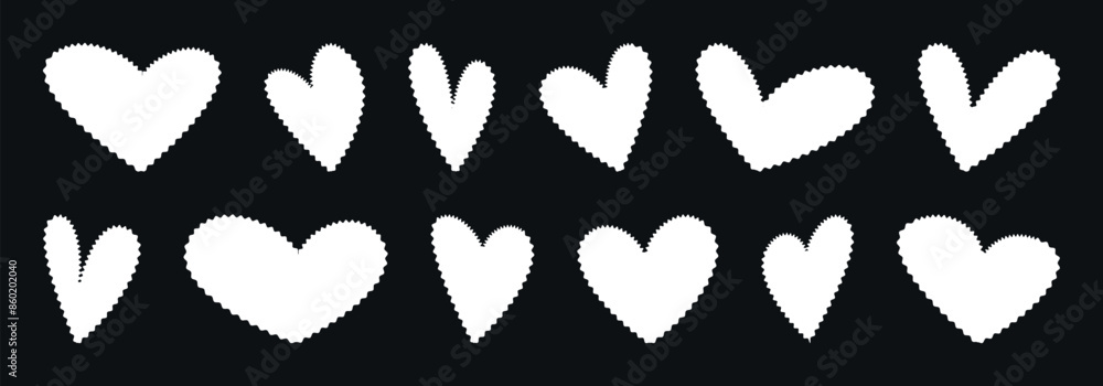 Set of simple hearts. Hand drawn shapes collection. Heart icons with torn edge texture effect. Back to school. Heart rough style vintage sketch love Valentine's Day illustration isolated on black bg Set of simple hearts. Hand drawn shapes collection. Heart icons with torn edge texture effect. Back to school. Heart rough style vintage sketch love Valentine's Day illustration isolated on black bg