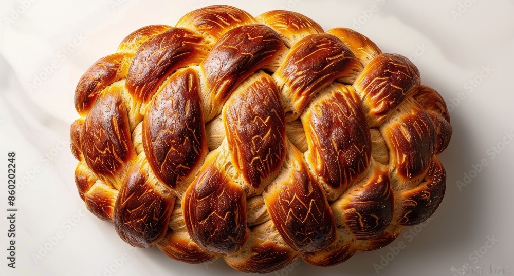 A Freshly Baked Braided Challah Loaf on White Background A Freshly Baked Braided Challah Loaf on White Background