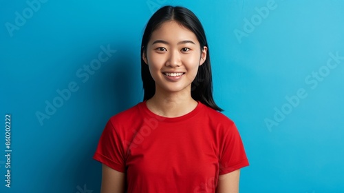 Create an image of a smiling Asian person. They are wearing a solid color t-shirt and standing in front of a solid color background. The person has light to medium skin and straight black hair.