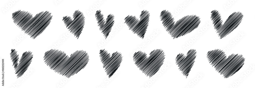 Set of simple hearts. Hand drawn shapes collection. Heart icons with scribble shading texture. Chalk drawn effect. Back to school. Heart in rough doodle marker style vintage sketch love Valentine Day Set of simple hearts. Hand drawn shapes collection. Heart icons with scribble shading texture. Chalk drawn effect. Back to school. Heart in rough doodle marker style vintage sketch love Valentine Day