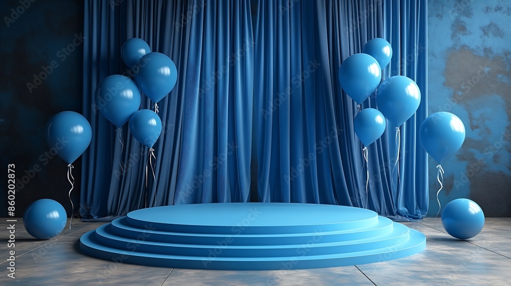 A blue podium on the right side of an empty stage with dark curtains A blue podium on the right side of an empty stage with dark curtains