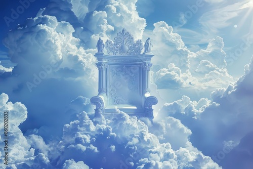 majestic white throne floating amidst heavenly clouds divine realm in the sky illustration photo