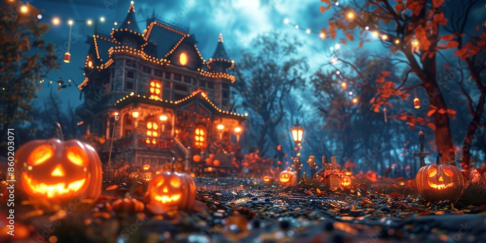Spooky Halloween Night with Pumpkin Lanterns at Haunted House Spooky Halloween Night with Pumpkin Lanterns at Haunted House
