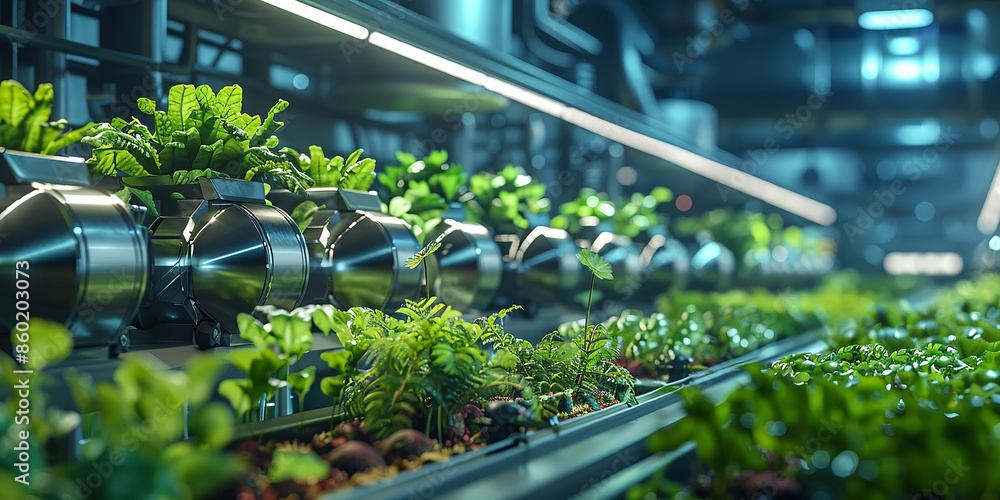 Advanced Indoor Hydroponic Farm with Lush Greenery and Futuristic Lighting Advanced Indoor Hydroponic Farm with Lush Greenery and Futuristic Lighting