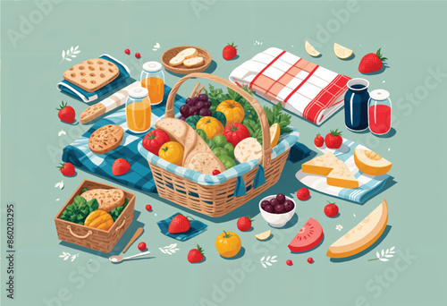 a cartoon illustration of a picnic with fruits and vegetables