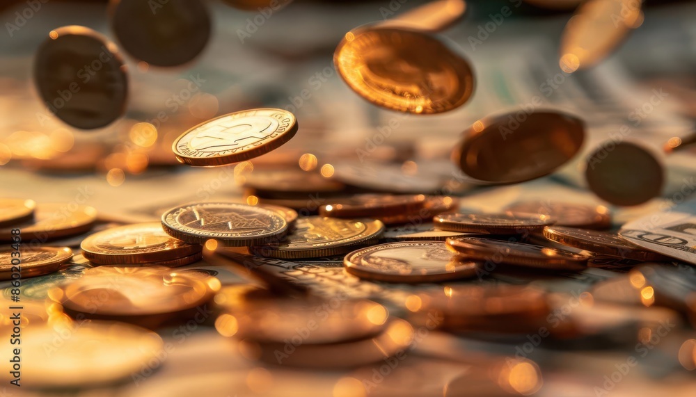 A captivating display of coins swirling in midair above a backdrop of stacked bills A captivating display of coins swirling in midair above a backdrop of stacked bills