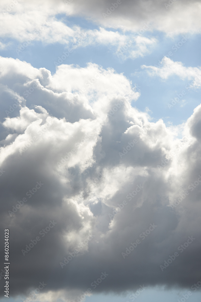 Nature, sunshine and clouds in blue sky with storm, texture and warm climate with meteorology on horizon. Heaven, outdoor air and summer weather with environment, morning and natural skyline