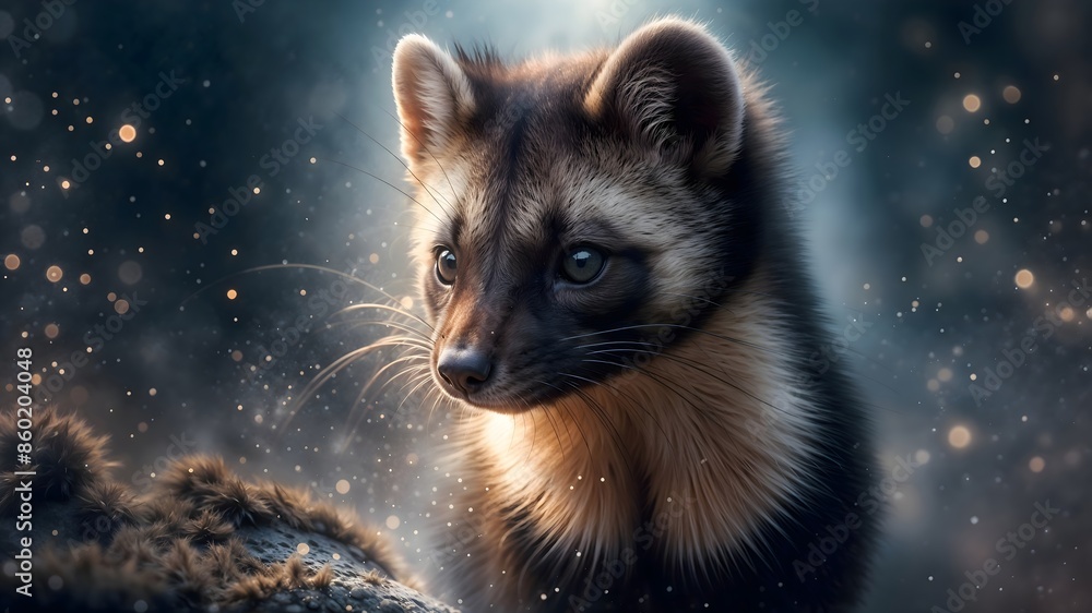 A beautiful marten in the foggy forest in the morning A beautiful marten in the foggy forest in the morning