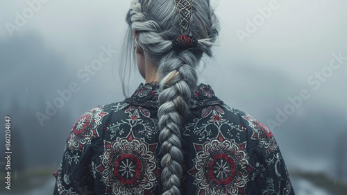 Adult woman with gray hair, back view, tattoo patterns on her back. decorating her body.  photo