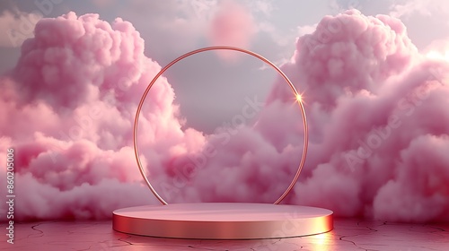 A minimalist podium set against the backdrop of pastel clouds. photo