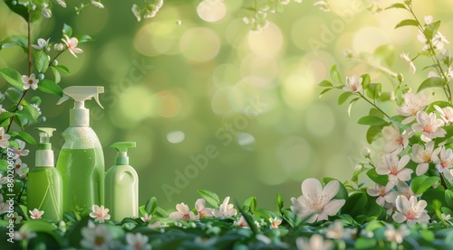 Green Cleaning Spray Bottle Surrounded By White Spring Blossoms