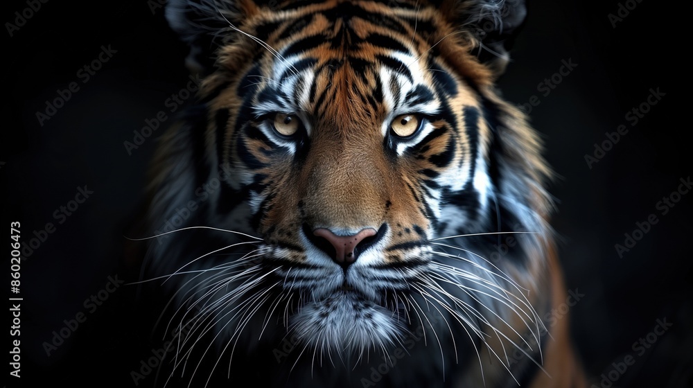 Naklejka premium Majestic Close-Up of a Bengal Tiger with Intense Gaze in Dark Background 
