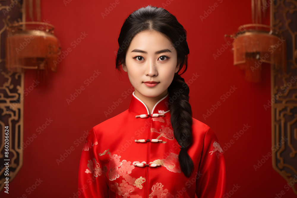 Chinese young woman with long black hair in traditional dress in front of red background with lampions Chinese young woman with long black hair in traditional dress in front of red background with lampions
