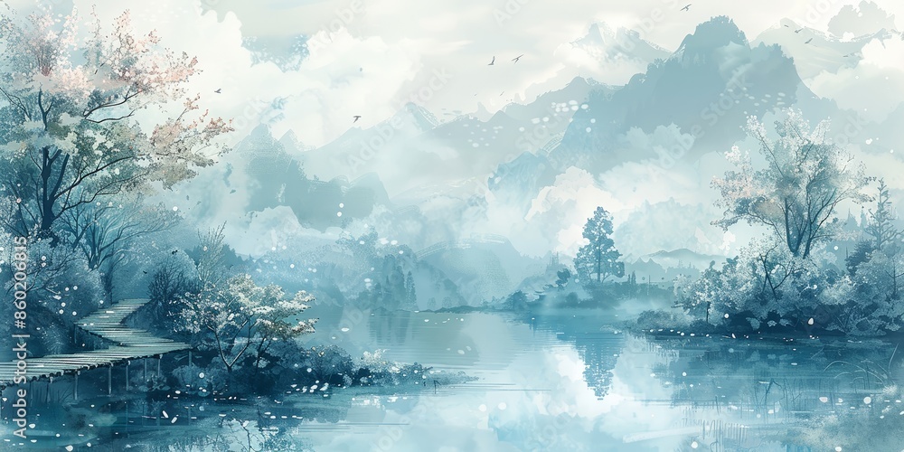 Serene Mountain Landscape with Tranquil Lake and Trees in Soft Pastel Colors Serene Mountain Landscape with Tranquil Lake and Trees in Soft Pastel Colors
