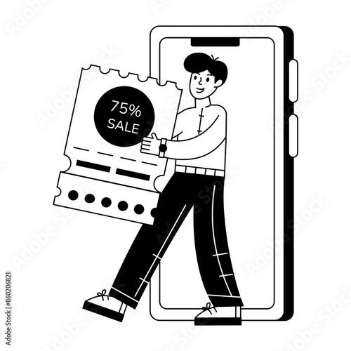 Character based outline mini illustration of online sale 


