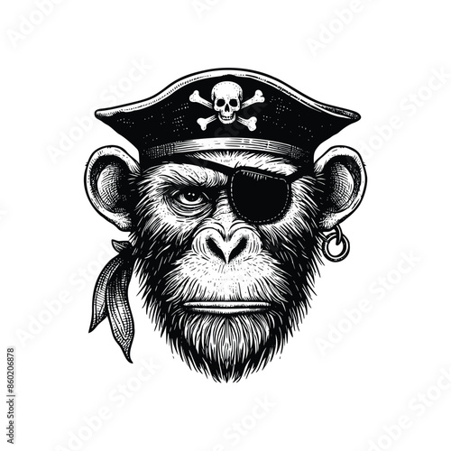  Pirate monkey  illustration.Vintage engraving isolated pirate monkey ink sketch. black and white hand drawn pirate monkey vector illustration