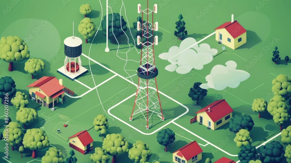 A cartoon drawing of a small town with houses and a tall tower A cartoon drawing of a small town with houses and a tall tower