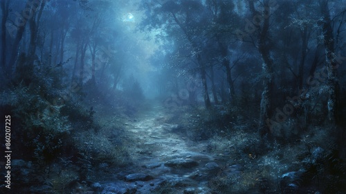 Mysterious Moonlit Path Leading Through a Enchanted Forest:: Twilight Mystery Style in 32K UHD, Intel Core Enhancing the Enigma, Enveloping Composition with Negative Space © Edmen