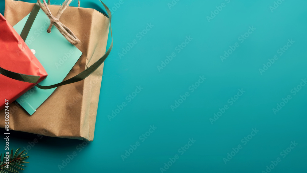 Turquoise Christmas Sale Flyer With Brown Gift Bags and Green Ribbon Turquoise Christmas Sale Flyer With Brown Gift Bags and Green Ribbon