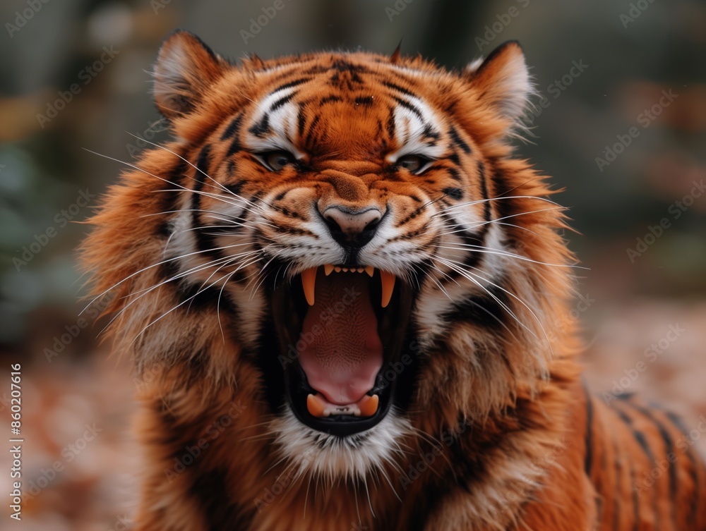 Fototapeta premium Fierce Roaring Tiger with Bared Teeth, Intense Wildlife Photography 
