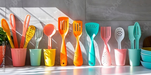 Colorful Kitchen Utensils on Countertop in Modern Sunlit Kitchen Design photo