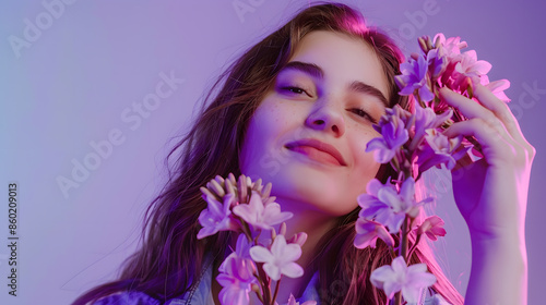 Portrait of nice cute cheerful girl holding in hands pink flowers isolated over bright violet color background : Generative AI