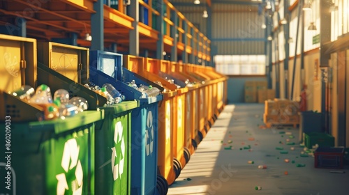 A recycling center with bins for glass, plastic, and paper, symbolizing waste reduction and recycling efforts photo