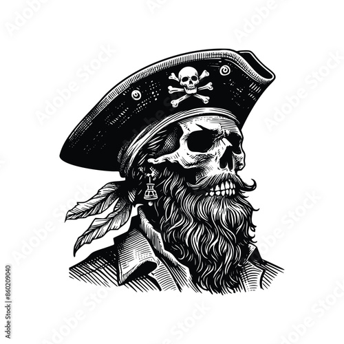  Pirate skull illustration.Vintage engraving isolated pirate skull ink sketch. black and white hand drawn pirate skull vector illustration