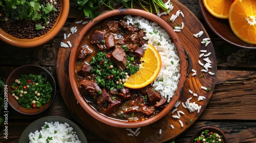 A rich Brazilian feijoada stew served with rice, orange slices, and greens, symbolizing a hearty and traditional meal