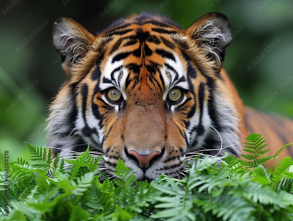 Fototapeta premium Stealthy Tiger Peeking Through Greenery, Majestic Wildlife in Natural Habitat 