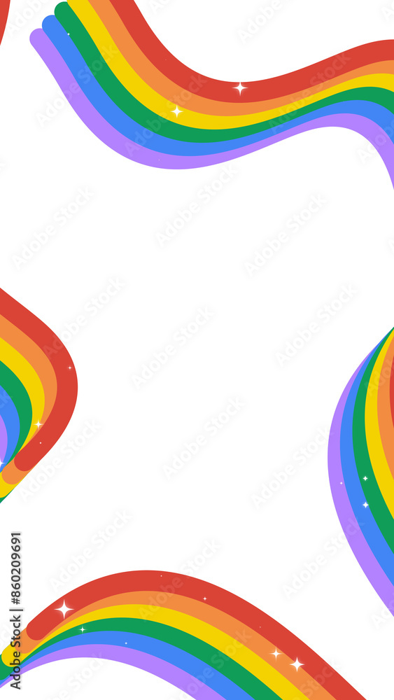 Obraz premium Rainbow moving lines on transparent background. Colorful stripe twinkle stars. Color frame orange, green, purple, blue, red. Cartoon childish design style. Dynamic frame. Retro 90s LGBTQ illustration