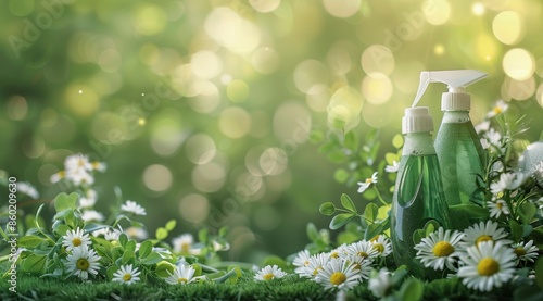 Green Cleaning Spray Bottle Surrounded By White Spring Blossoms