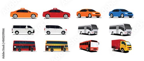 a set of different types of vehicles on a white background