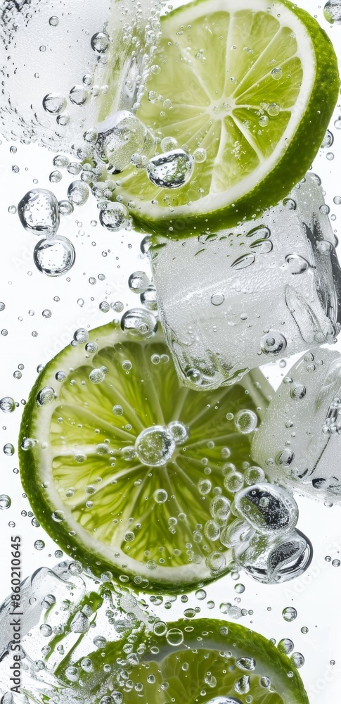 Closeup of refreshing sparkling water with lime slices and ice cubes
